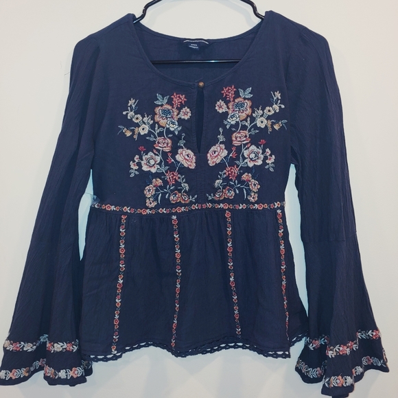 Navy Blue with Embroidered Flowers Women's Shirt - Picture 1 of 4